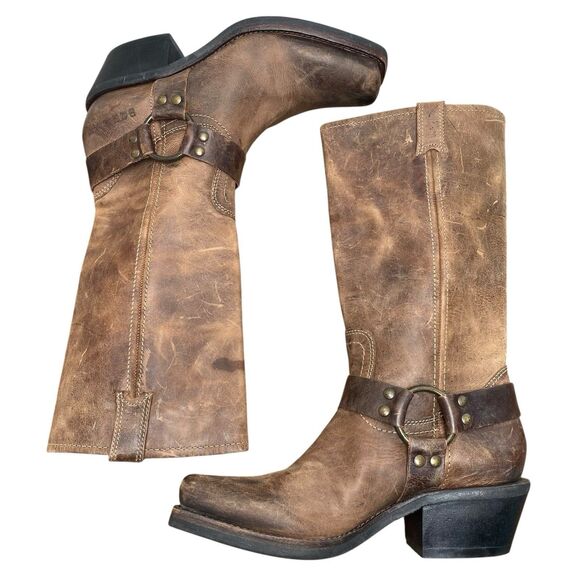 VTG BCBG Brown Leather Women's Sz 8.5 B Harness Western Biker Boots (HF29) - Picture 5 of 9